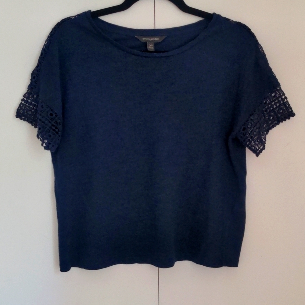 Banana Republic XS Navy Tee with Crochet Accent